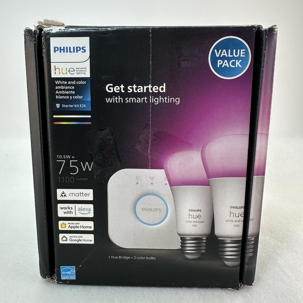 Philips Hue White & Color Ambiance E26 75W 2-Bulb Starter Kit Bridge New Sealed